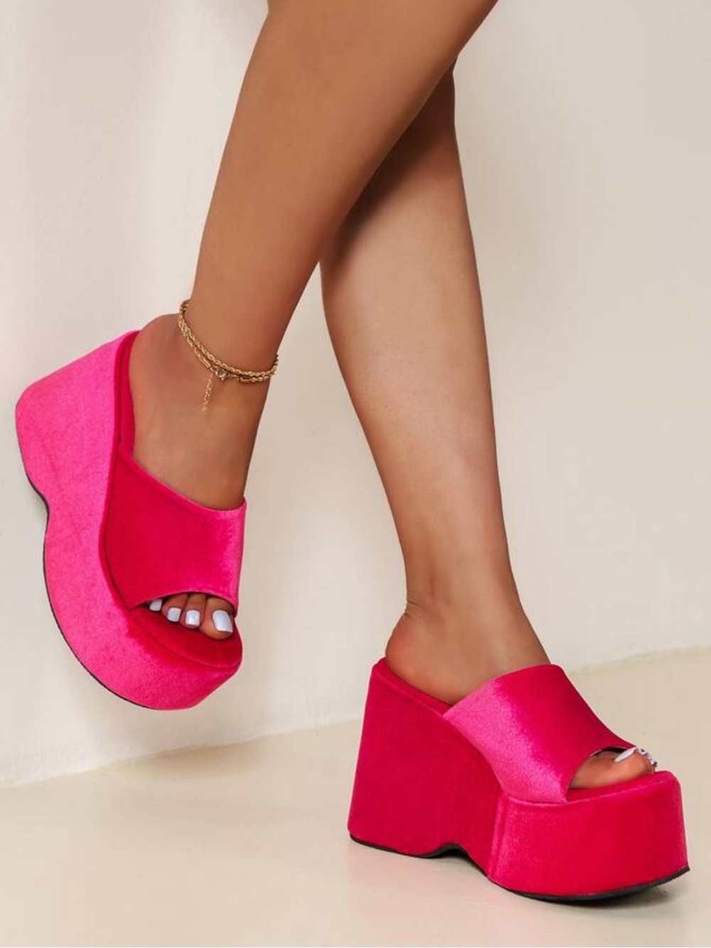 Y2K Barbiecore Hot Pink Fuschia Velvet Platform Slides Chunky Wedges